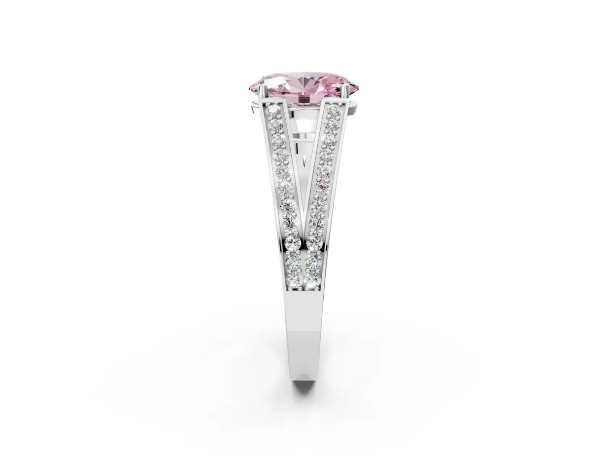 Fancy Pink Oval Cut Diamond Split Shank Ring with Pavé Band and Four-Prong Setting White gold