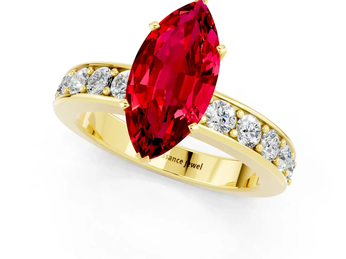Marquise Cut Ruby Engagement Ring with Channel Set Round Band and Prong Setting Yellow gold