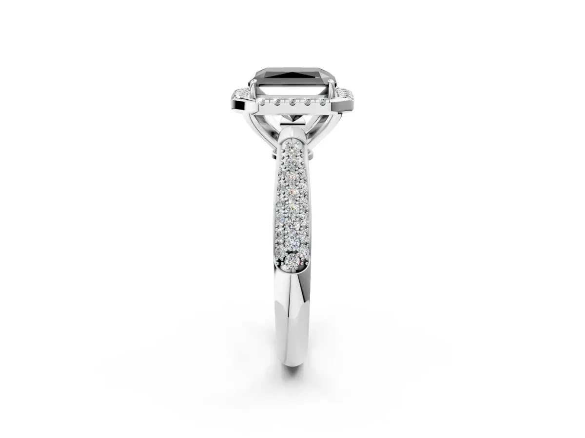Fancy Black Radiant Cut Halo Diamond Ring with Pavé Band Platinum