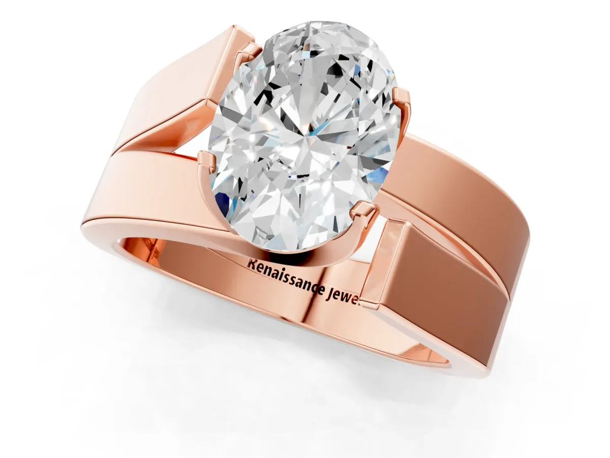Modern Tension Set Oval Cut Diamond Solitaire Wide Band Ring Rose gold