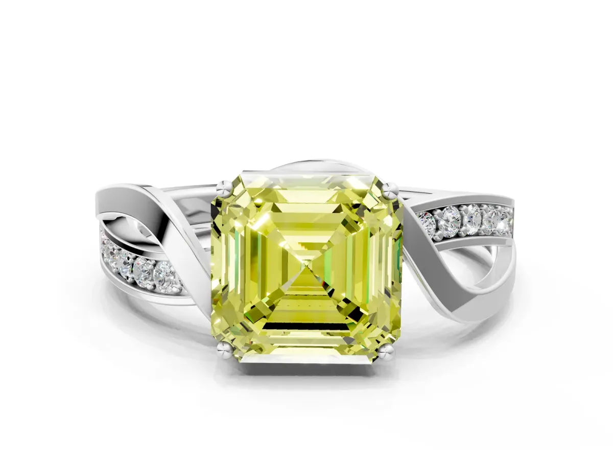 Fancy Yellow Asscher Cut Solitaire Twisted Band with Prong Setting Platinum