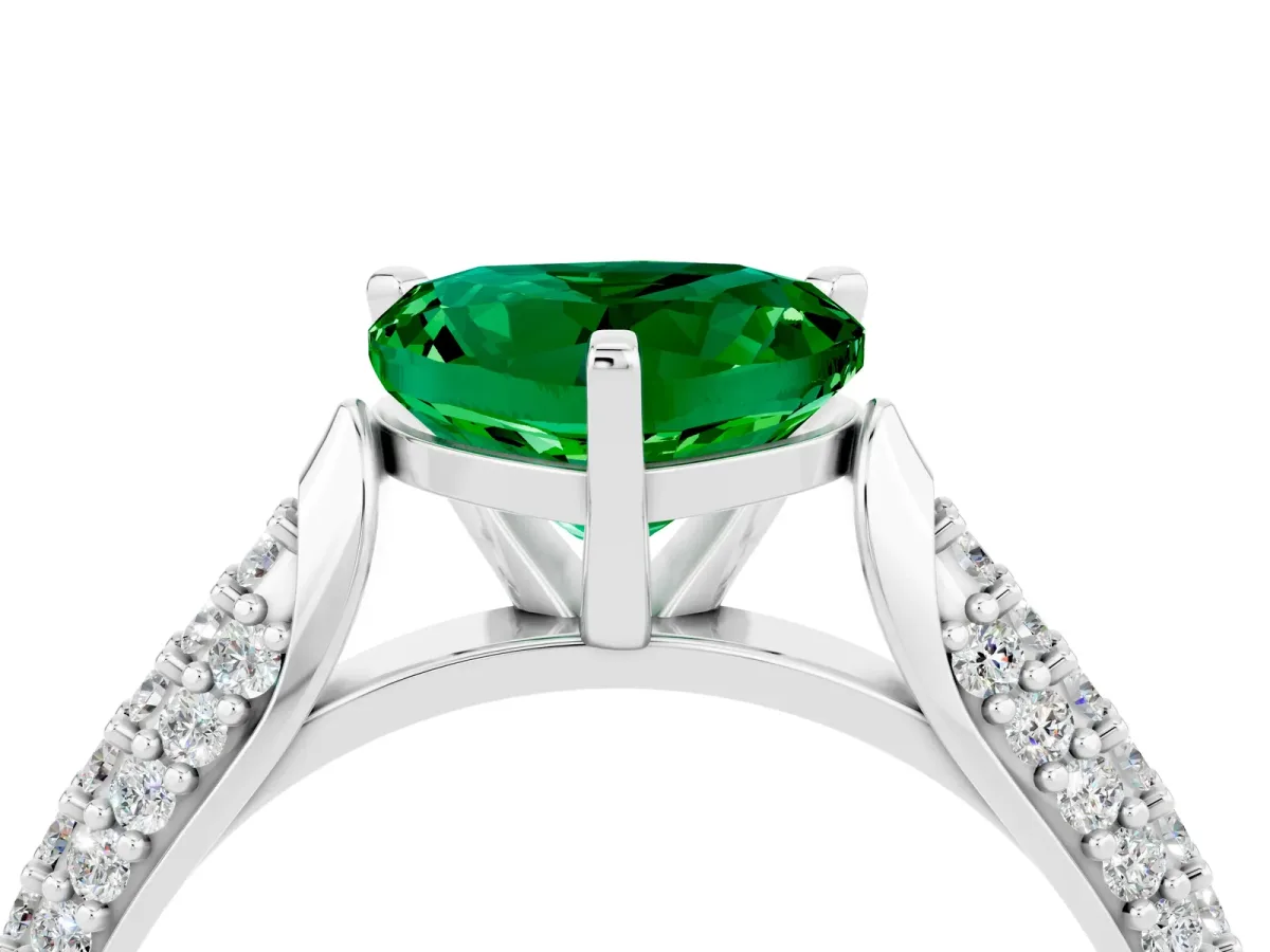 Heart Cut Emerald Solitaire Engagement Ring with Multi-Row Round Pavé Band and Prong Setting Platinum