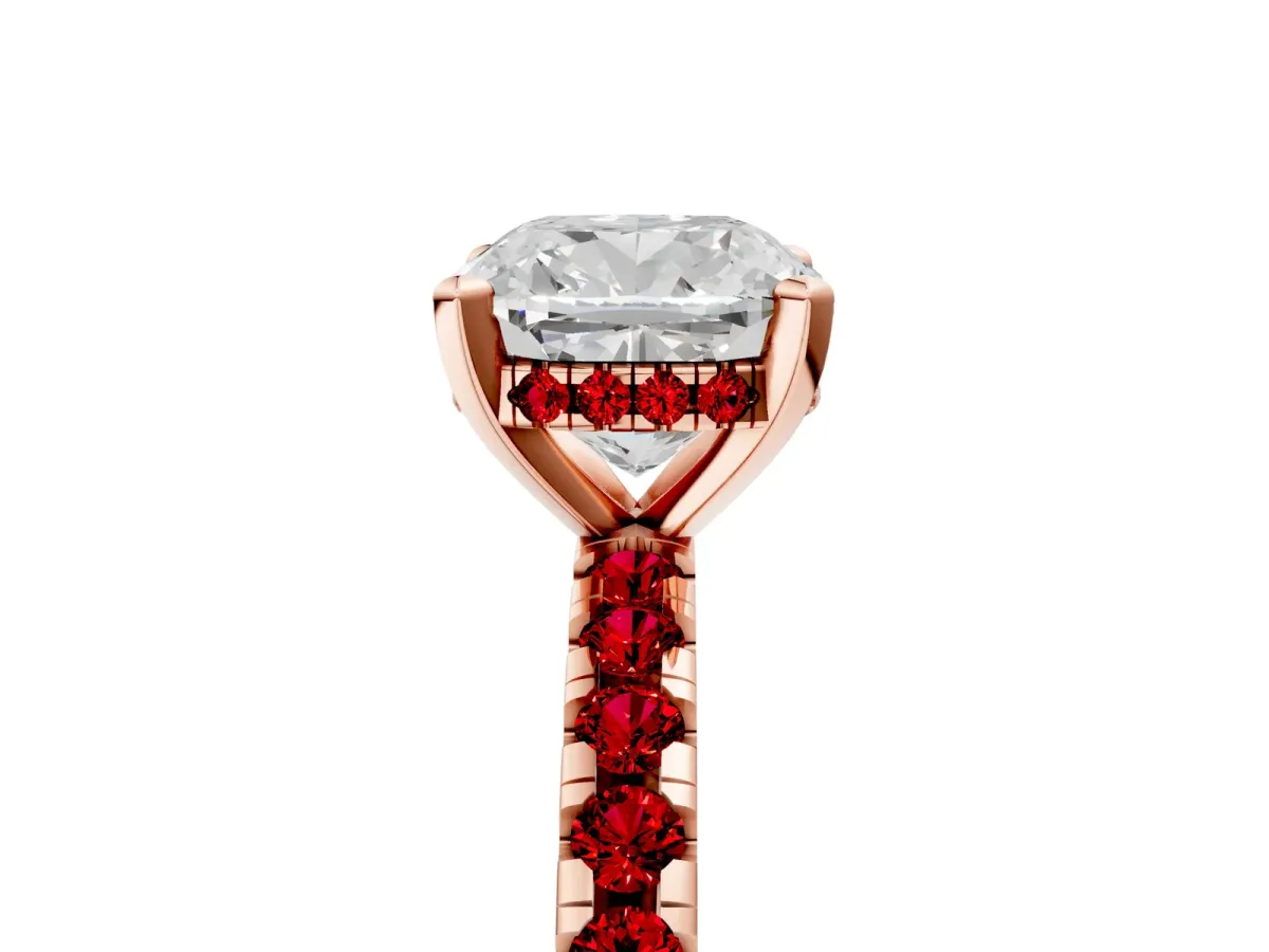 Cushion Cut Diamond Solitaire Ring with Round Ruby Pavé Band and Four-Prong Setting Rose gold