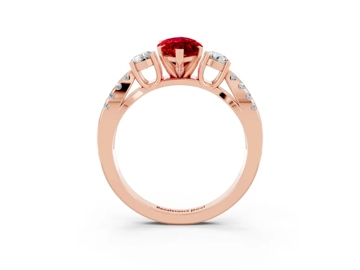 Marquise Cut Ruby Three-Stone Ring with Pavé Split Shank and Four-Prong Setting Rose gold