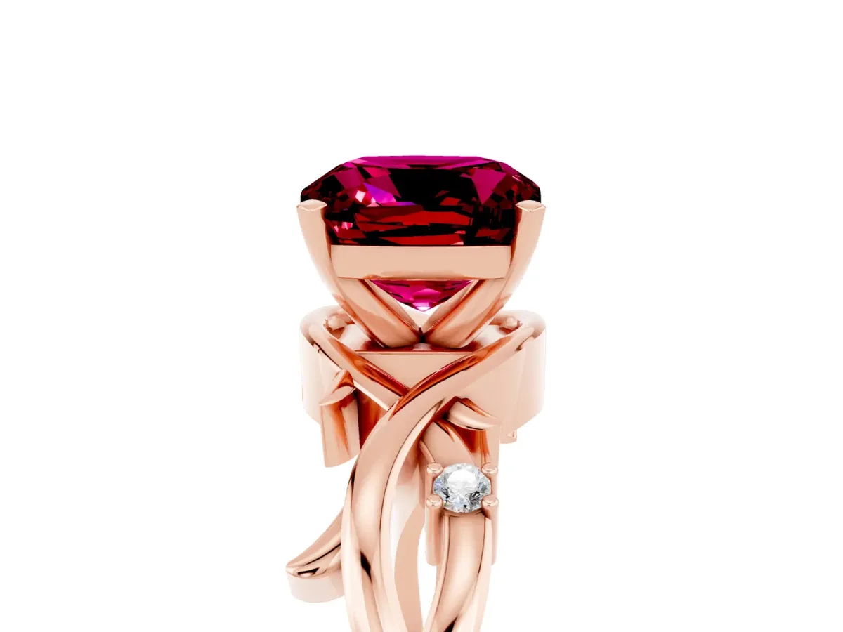 Cushion Cut Garnet Solitaire Ring with Twisted Band and Prong Setting Rose gold