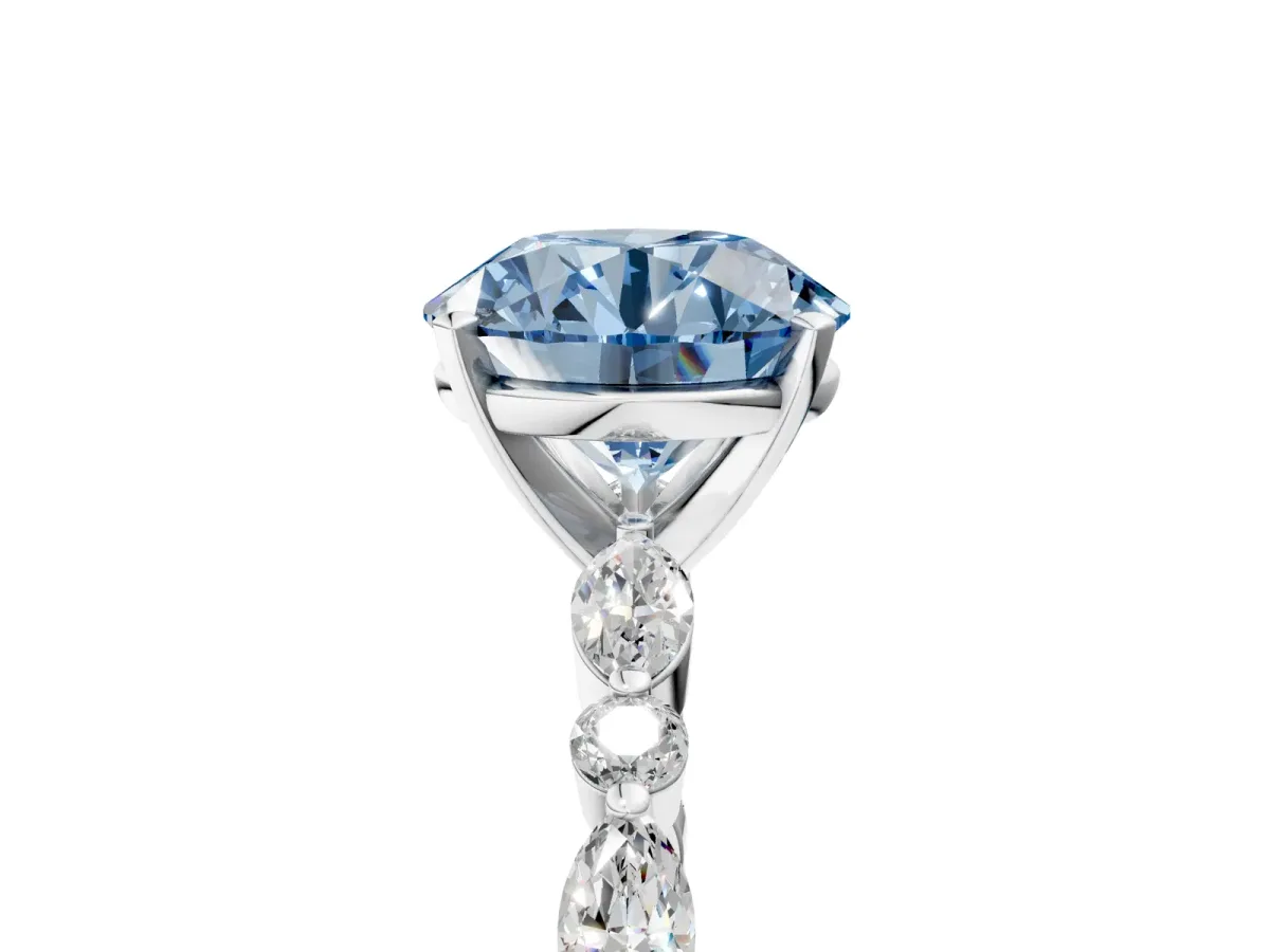 Fancy Blue Round Cut Diamond Ring with Marquise and Round Side Stones and Four-Prong Setting Silver