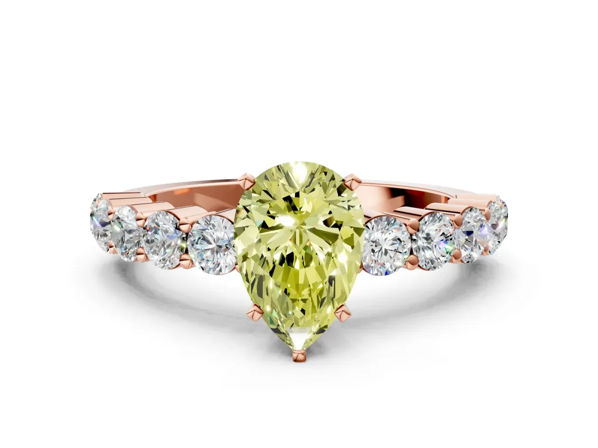 Fancy Yellow Pear Cut Diamond Solitaire Ring with Shared Prong Round Side Stones Rose gold