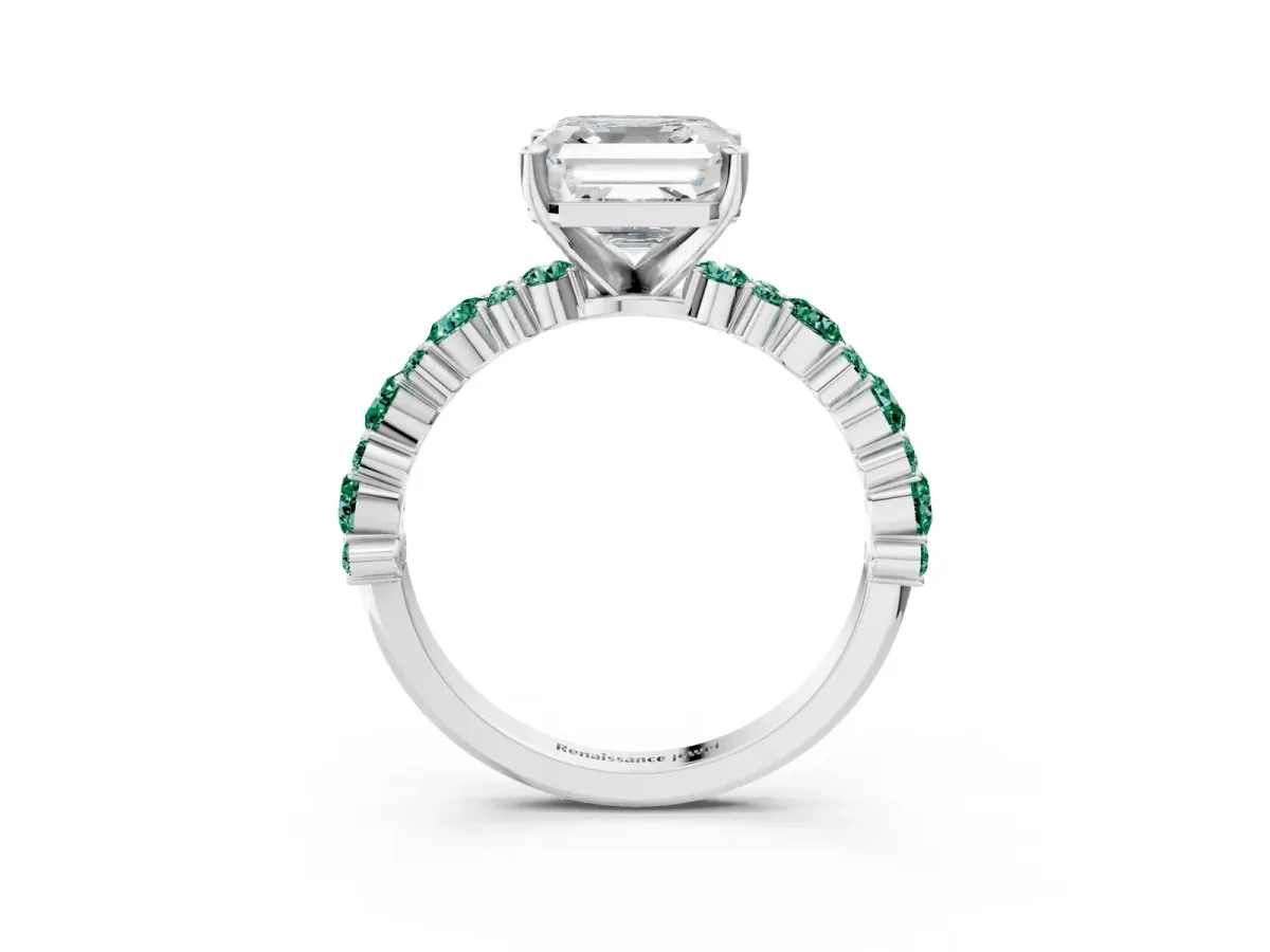Asscher Cut Diamond Side Stone Solitaire Ring with Round Green Sapphire and Four-Prong Setting Silver