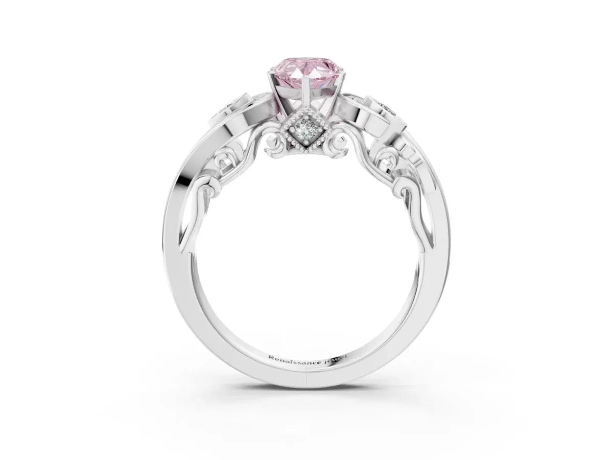 Fancy Pink Pear Cut Diamond Solitaire Ring with Milgrain Pavé Band and Four-Prong Setting Silver