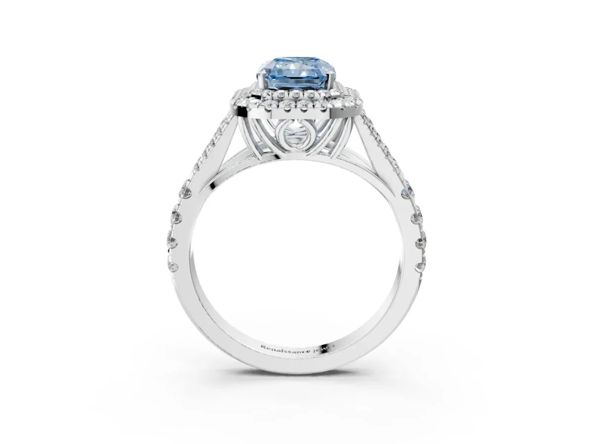 Fancy Blue Radiant Cut Diamond Pavé Split Shank Double Halo Engagement Ring Platinum