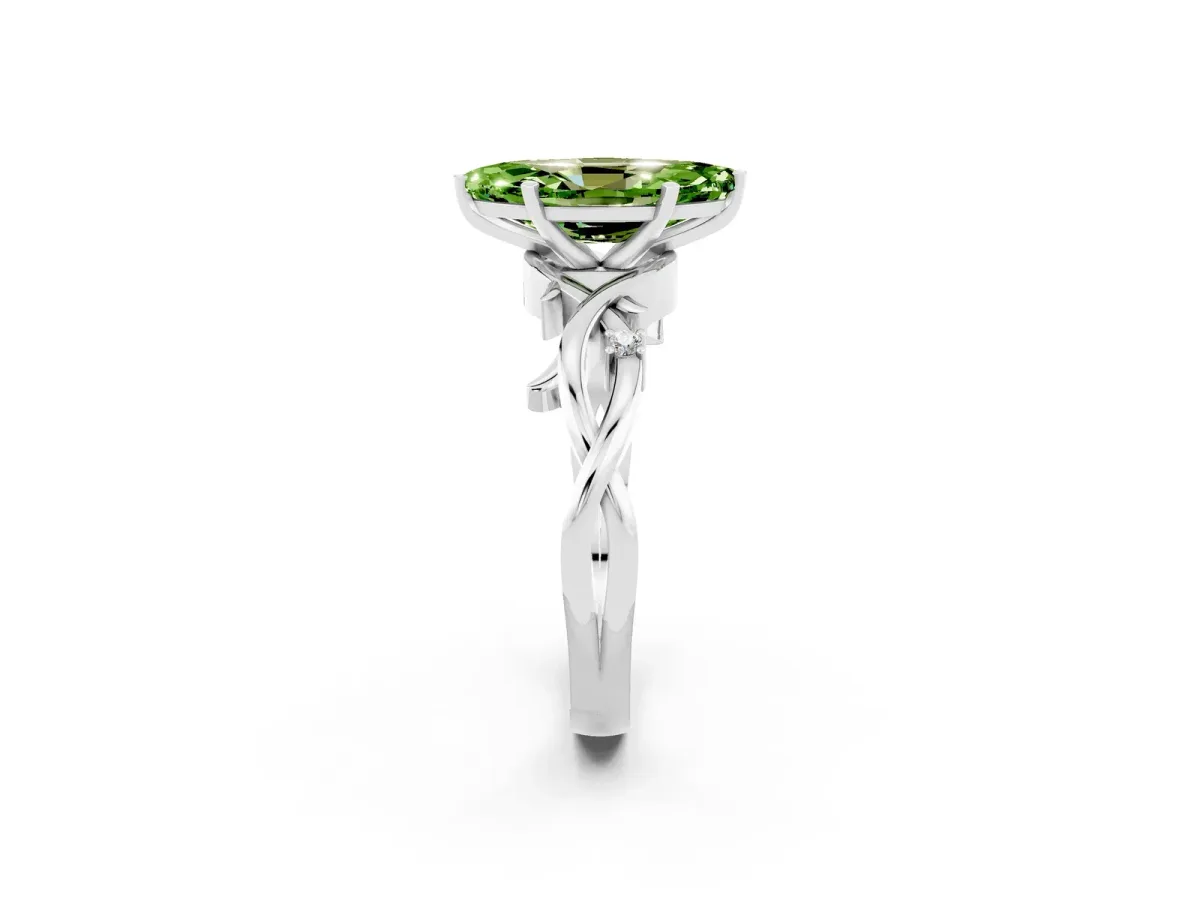 Marquise Cut Peridot Solitaire Ring with Milgrain Pavé Band and Four-Prong Setting Silver