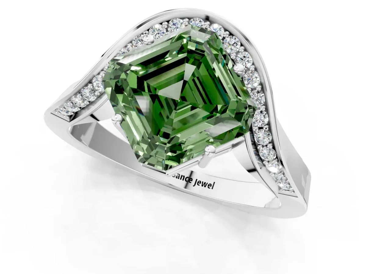 Fancy Green Asscher Cut Solitaire Diamond Engagement Ring with Pave Band and Four-Prong Setting Silver