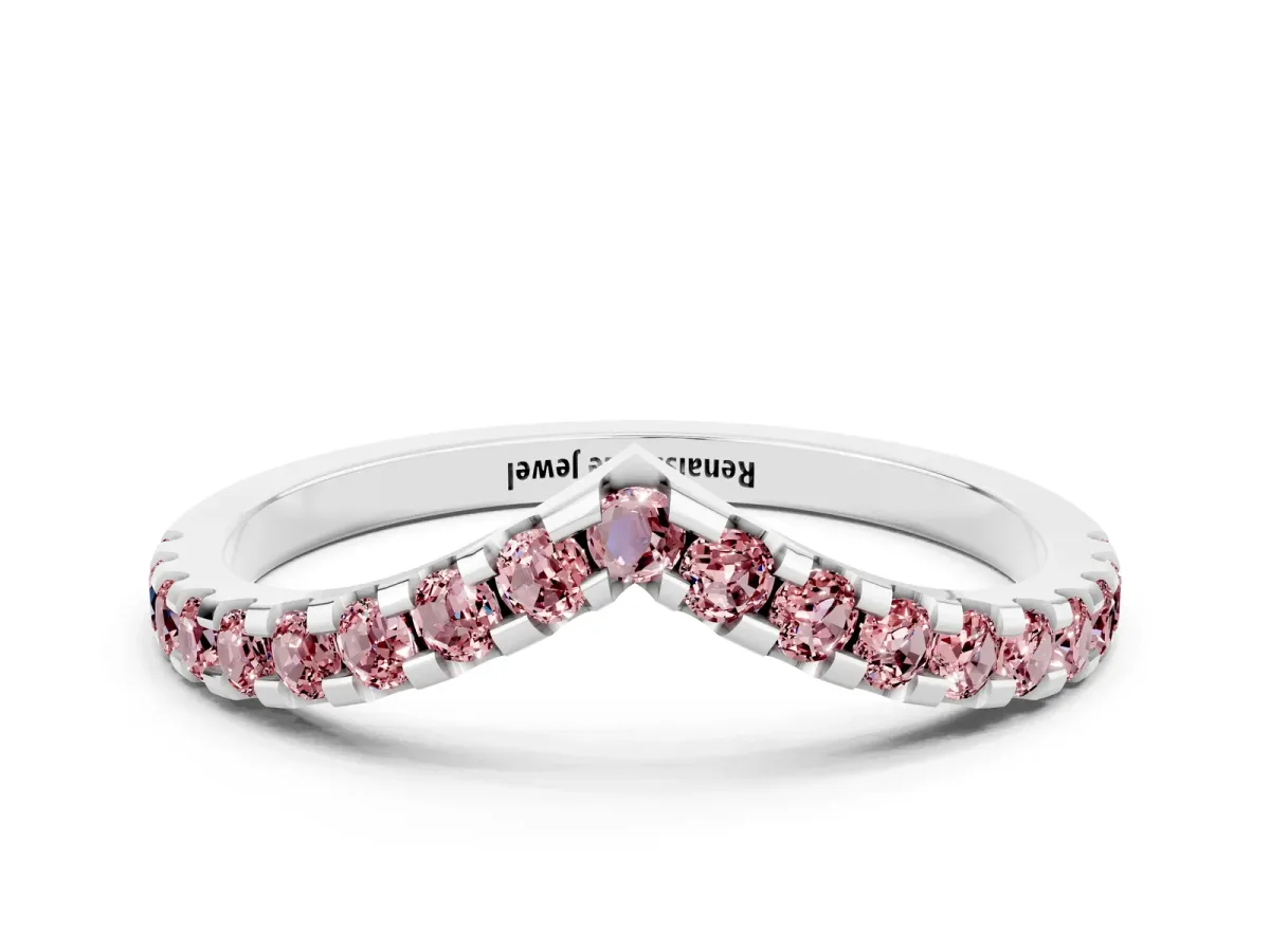 Pavé Round Morganite Chevron Band with Shared Prong Setting White gold