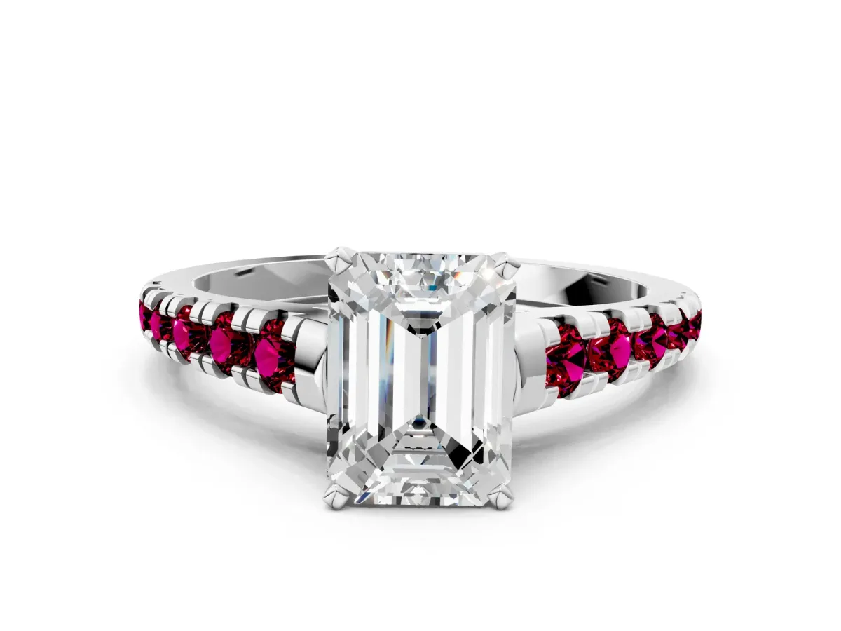 Emerald Cut Diamond Cathedral Solitaire Ring with Round Garnet Pavé Band Platinum