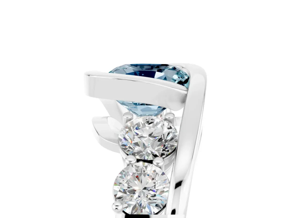 Bezel Set Cushion Cut Aquamarine Bypass Ring with Round Accents Silver