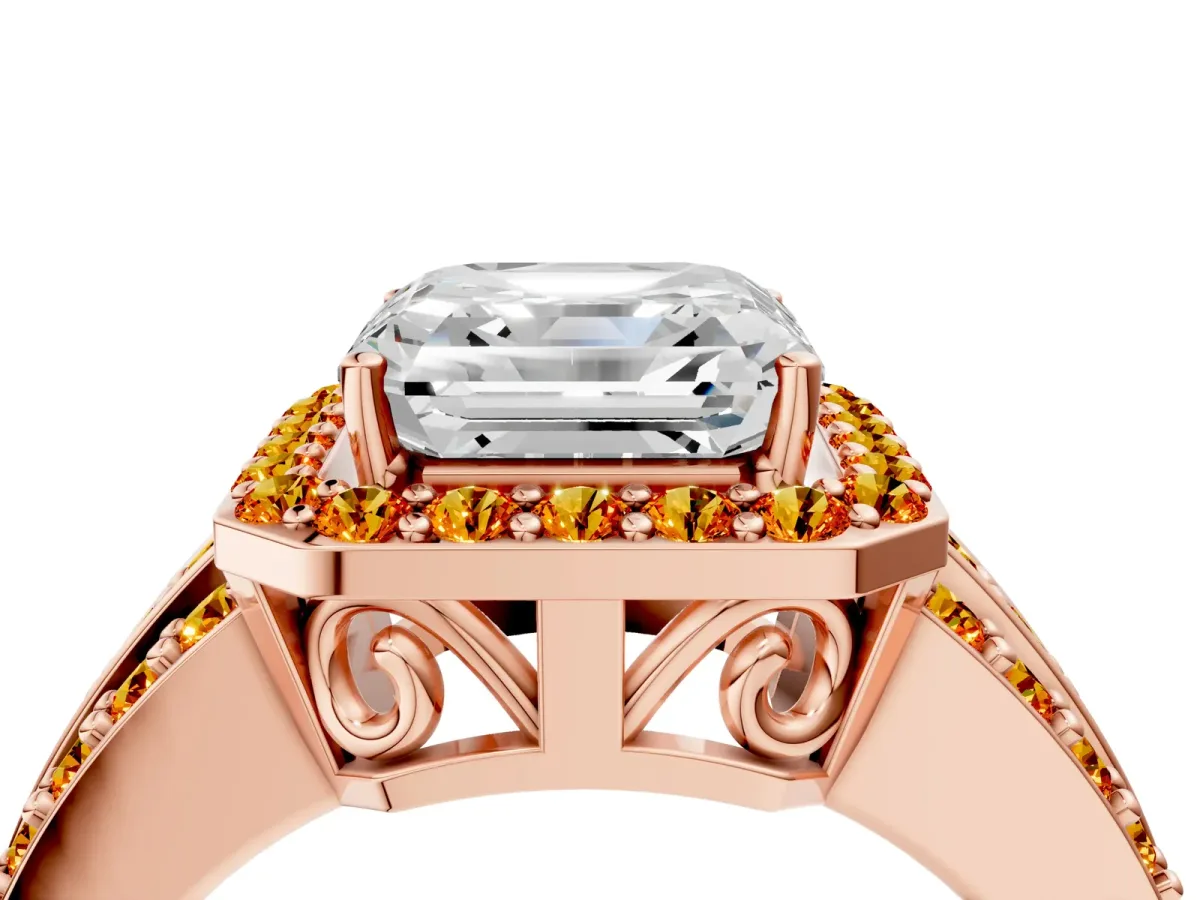 Asscher Cut Halo Diamond Ring with Round Citrine Split Shank and Prong Setting Rose gold