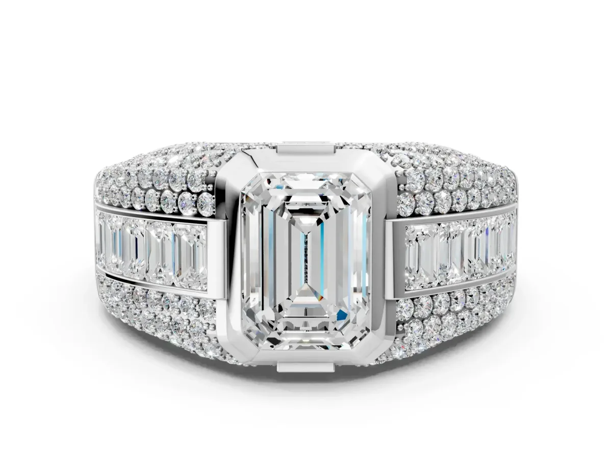 Emerald Cut Diamond Mens Ring with Side Stones White gold