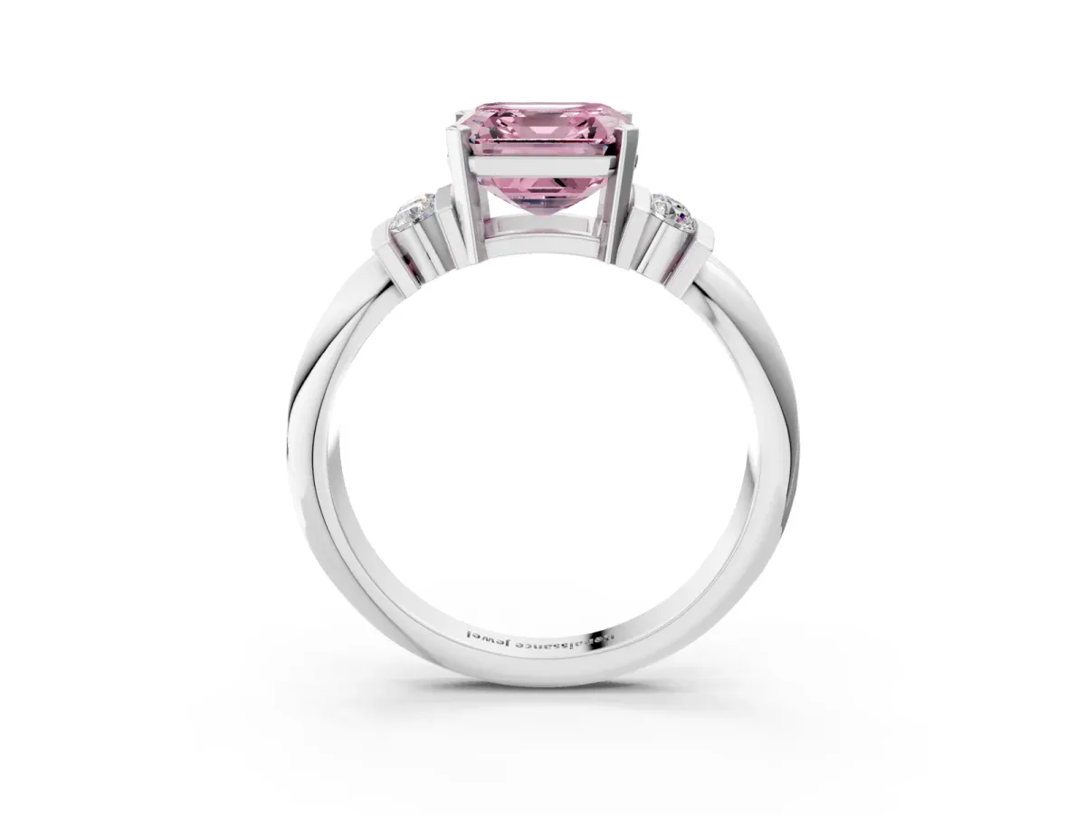 Fancy Pink Asscher Cut Cut Three-Stone Channel Set Ring with Bar Prongs Platinum