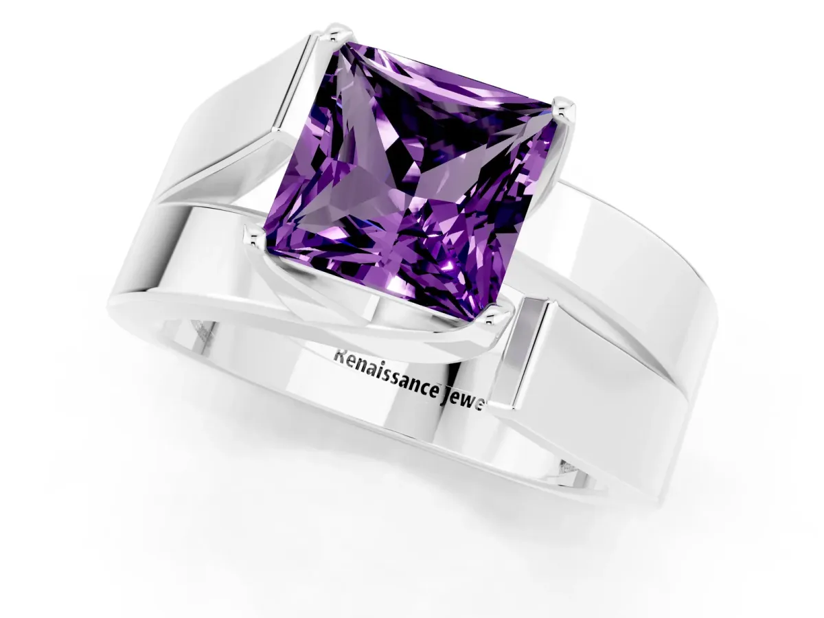 Modern Tension Set Princess Cut Amethyst Solitaire Wide Band Ring Silver