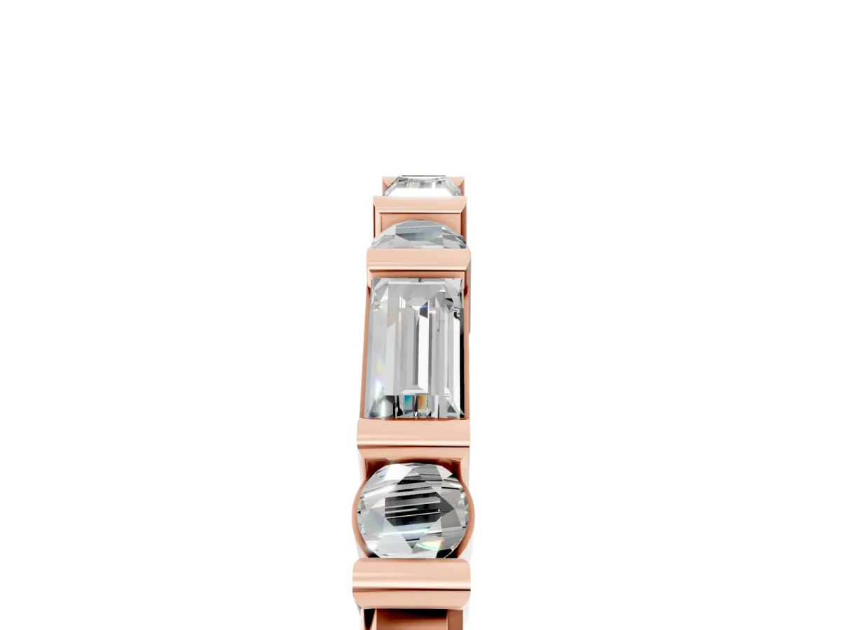 Baguette and Round Diamond Channel Set Half Eternity Band with Bar Prong Setting Rose gold
