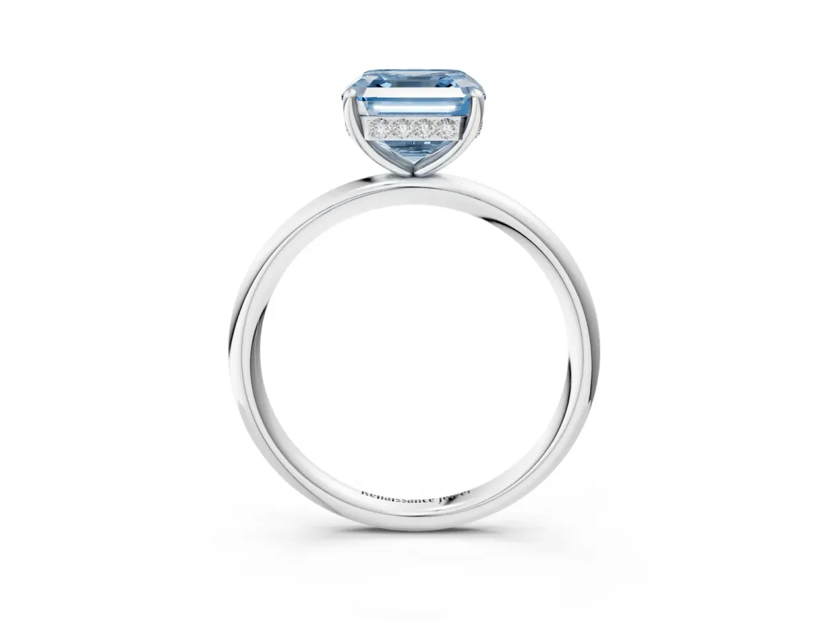 Fancy Blue Asscher Cut Solitaire Diamond Ring with a Classic Band and Four-Prong Setting Platinum