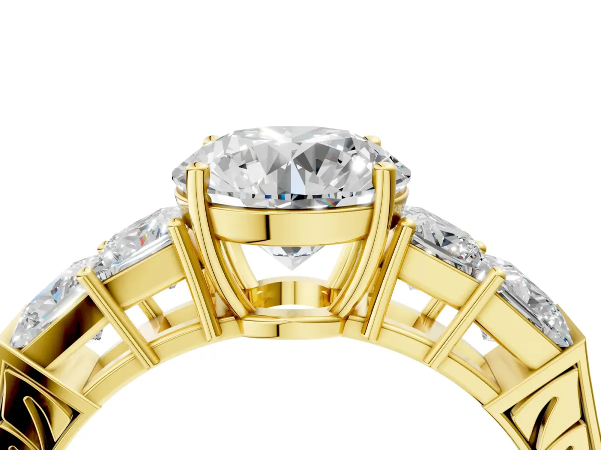 Round Cut Solitaire Princess Side Stone Engraved Band Prong Setting Ring Yellow gold