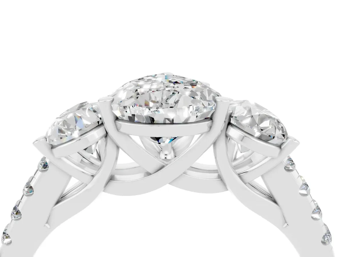 Three-Stone Pear Cut Moissanite Ring with Round Pavé Band and Prong Setting Silver