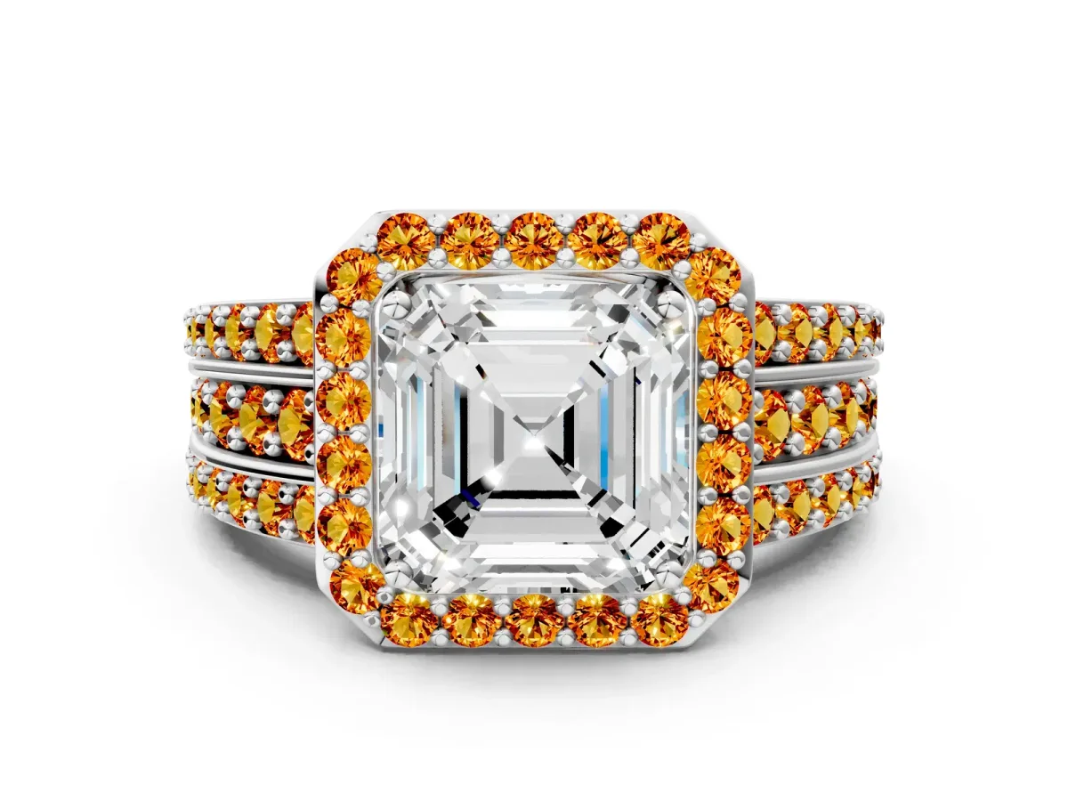 Asscher Cut Halo Diamond Ring with Round Citrine Split Shank and Prong Setting Silver