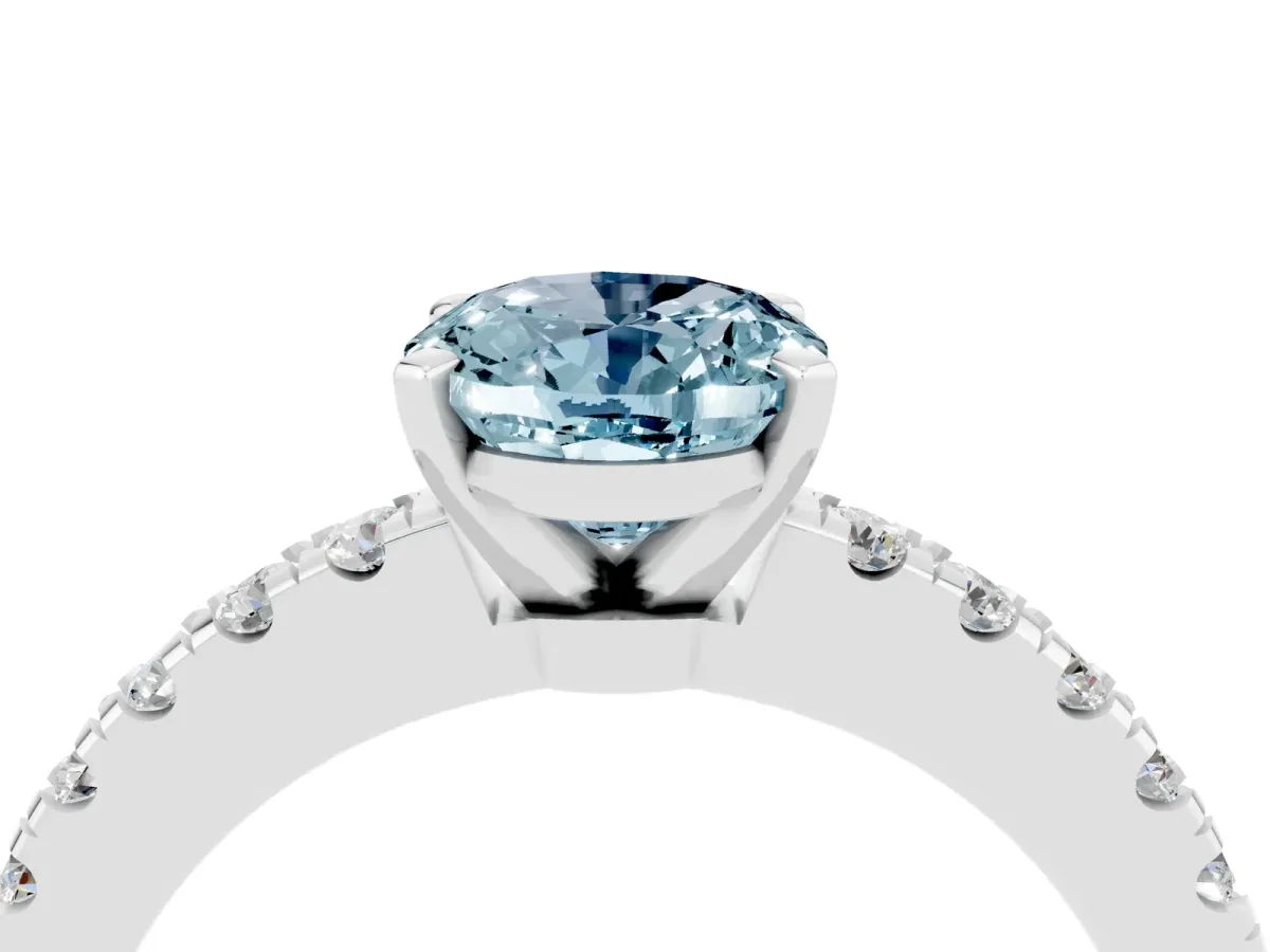 Oval Cut Solitaire Aquamarine with Pavé Band and Four-Prong Setting Silver
