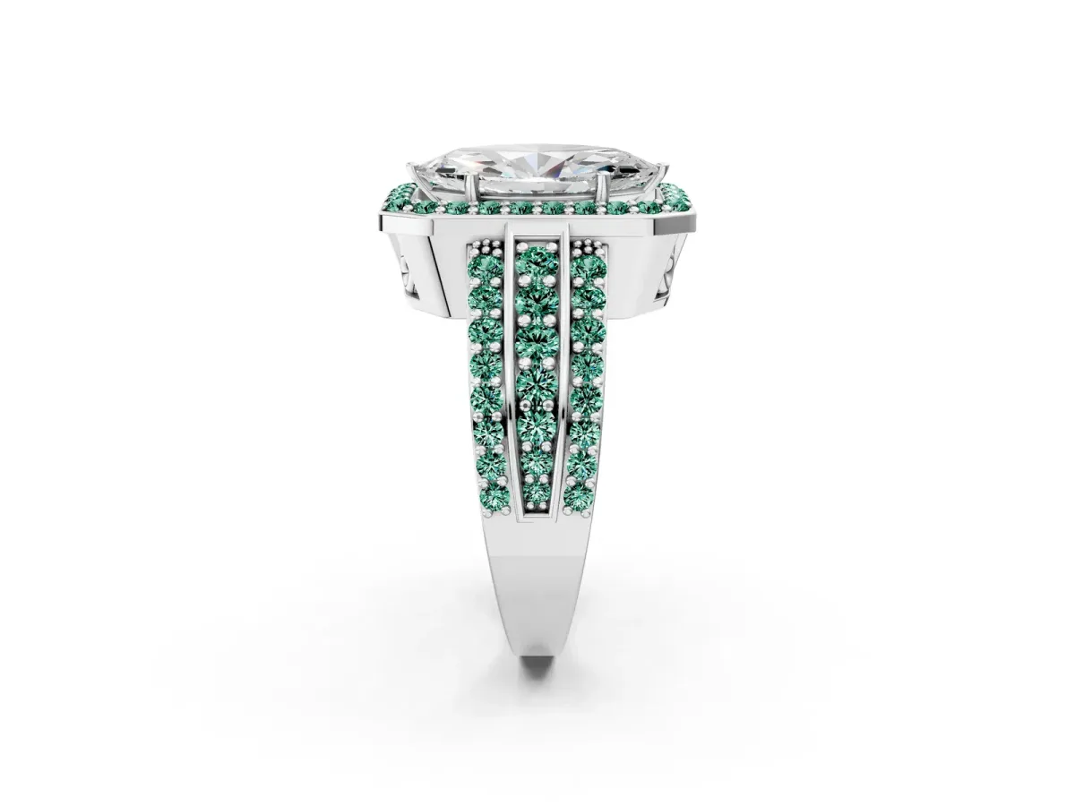 Marquise Cut Halo Diamond Ring with Round Green Sapphire Split Shank and Prong Setting Silver