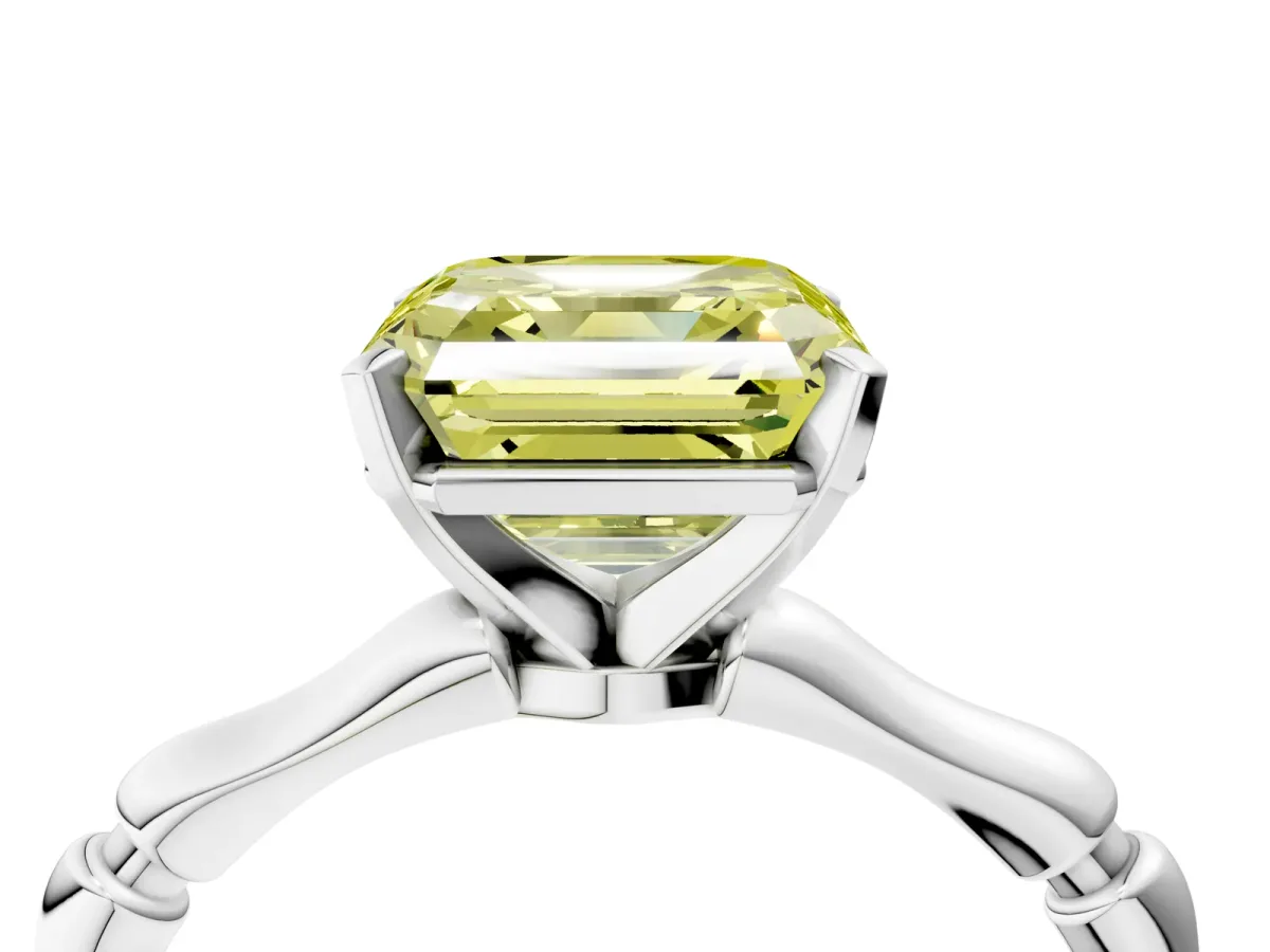 Fancy Yellow Asscher Cut Solitaire Diamond Ring with Bamboo Band and Four-Prong Setting Platinum