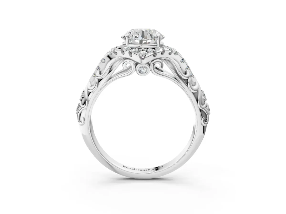 Round Cut Diamond Solitaire Ring with Hidden Halo and Pavé Band Silver