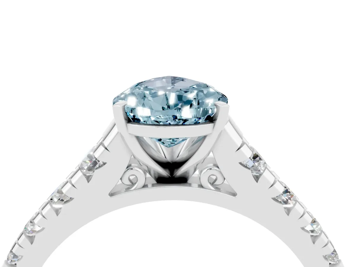 Pear Cut Aquamarine Cathedral Solitaire Ring with Round Pavé Band Silver