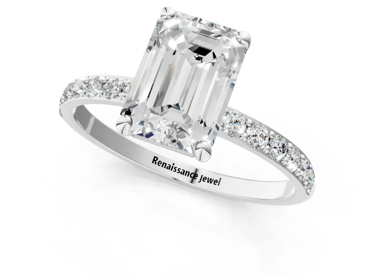 Emerald Cut Diamond Solitaire Ring with Round Moissanite Pavé Band and Prong Setting Silver