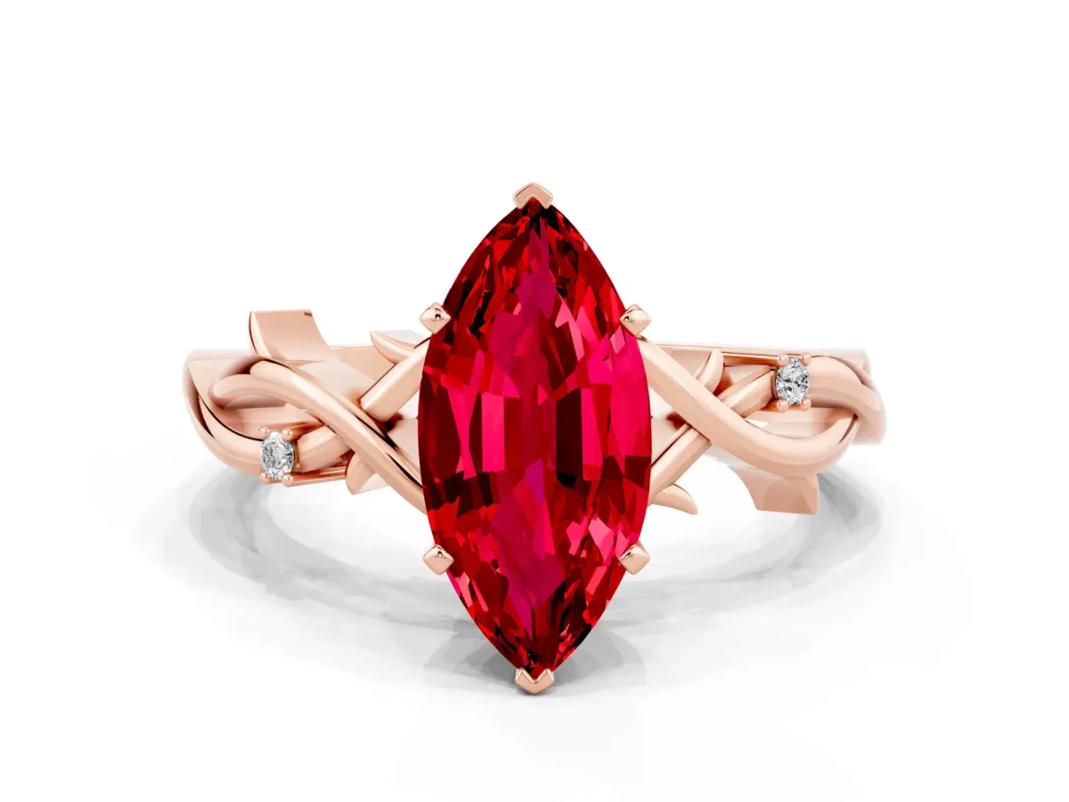 Marquise Cut Ruby Solitaire Ring with Milgrain Pavé Band and Four-Prong Setting Rose gold