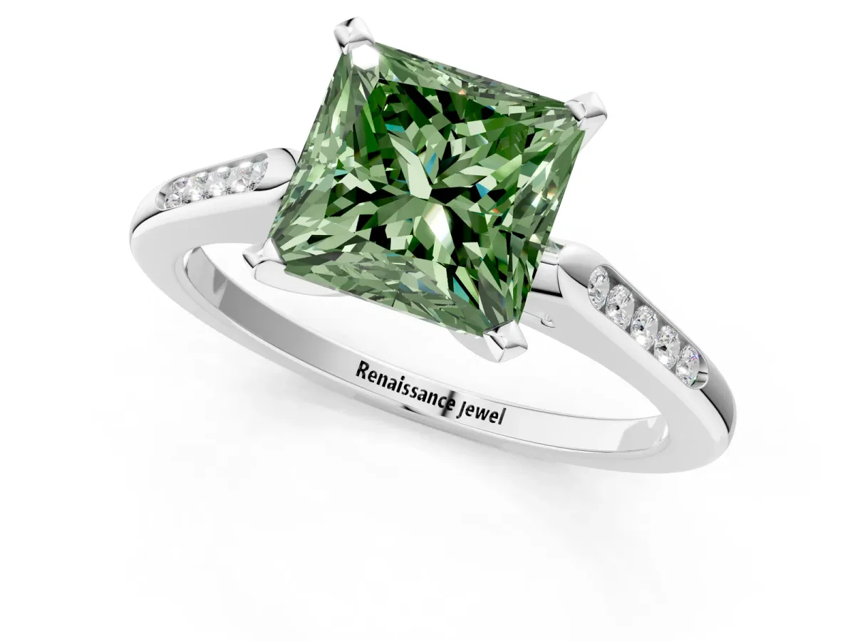 Fancy Green Princess Cut Diamond Solitaire Ring with Channel Set Round Band and Prong Setting Silver