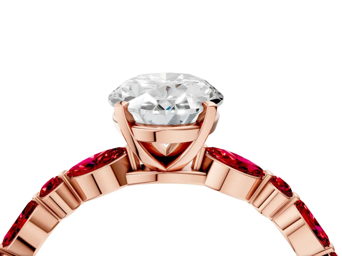 Oval Cut Diamond Ring with Marquise and Round Ruby Side Stones and Four-Prong Setting Rose gold