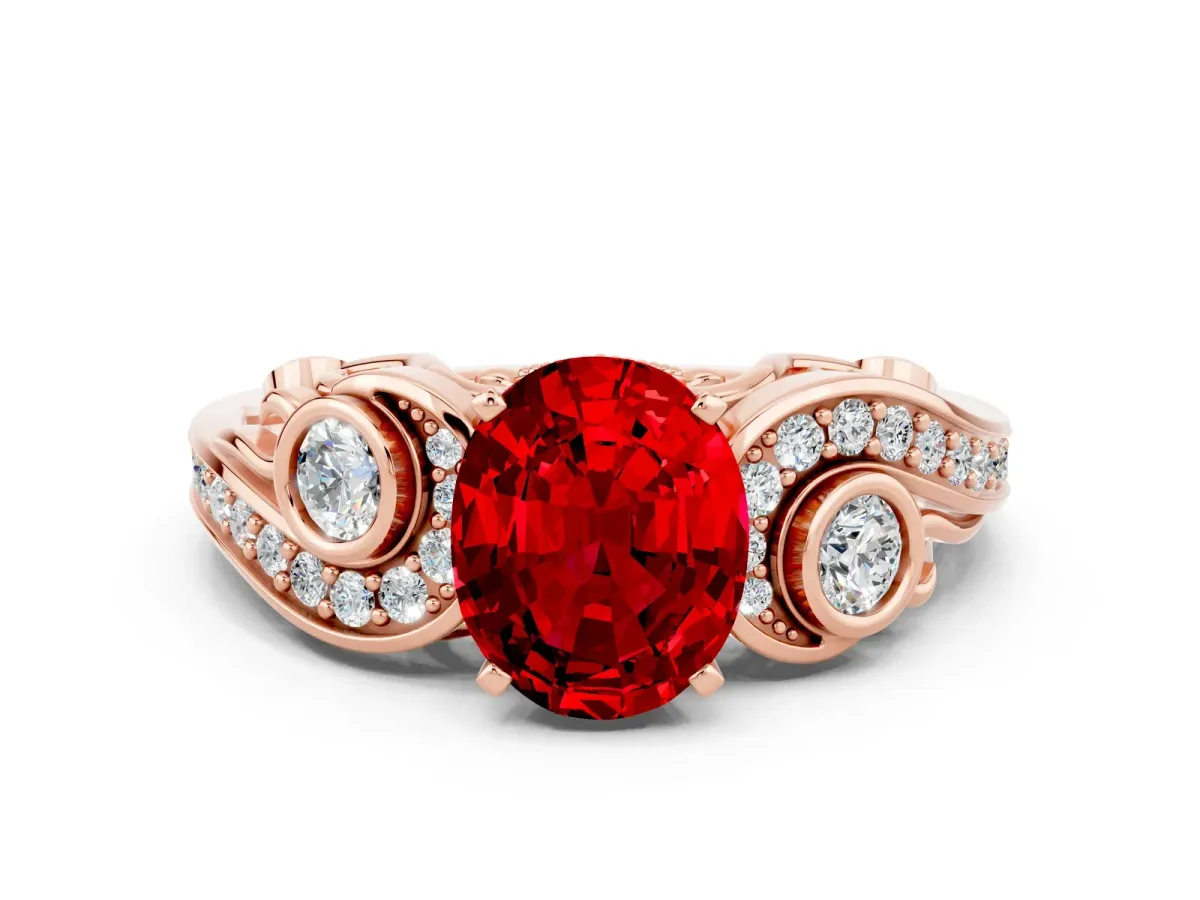 Oval Cut Ruby Solitaire Ring with Milgrain Pavé Band and Four-Prong Setting Rose gold