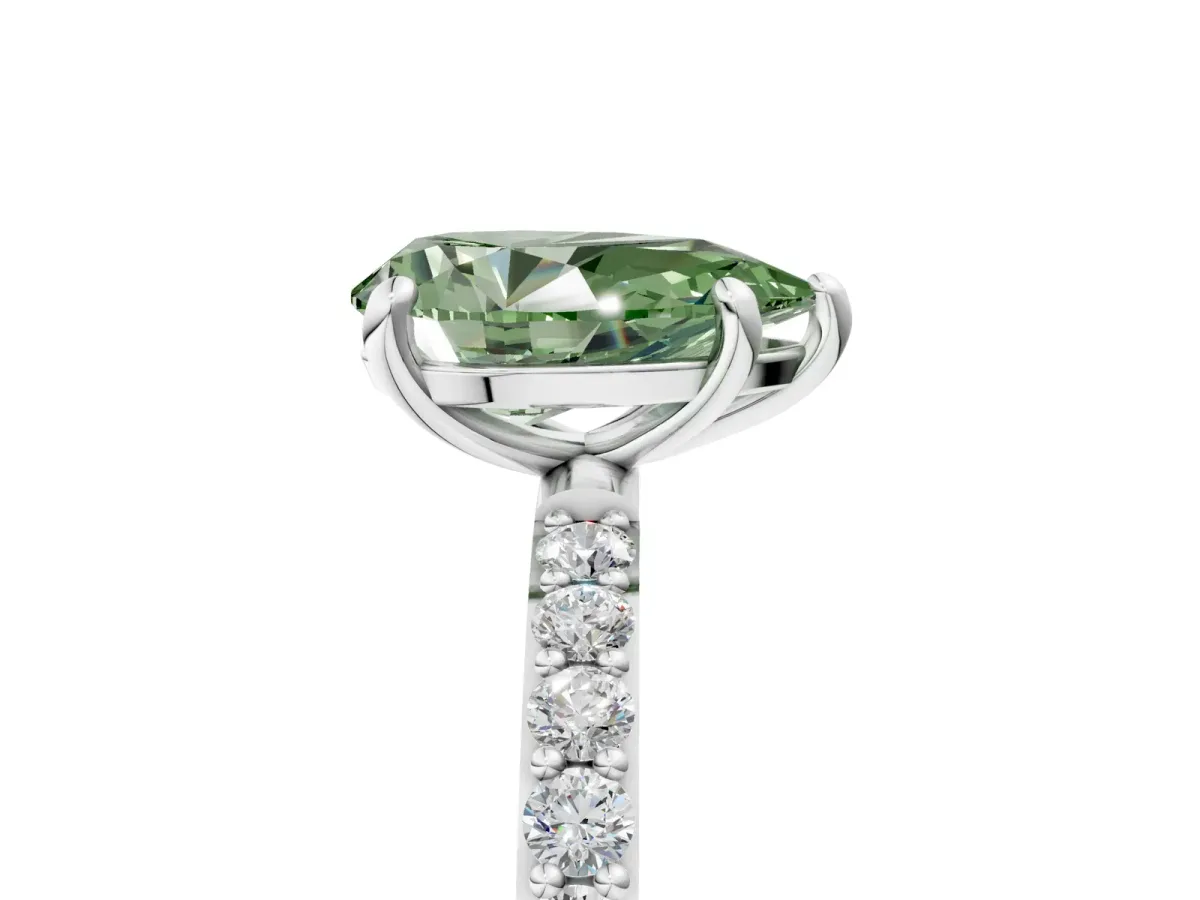 Fancy Green Pear Cut Diamond Solitaire Ring with Round Pavé Band and Prong Setting Silver