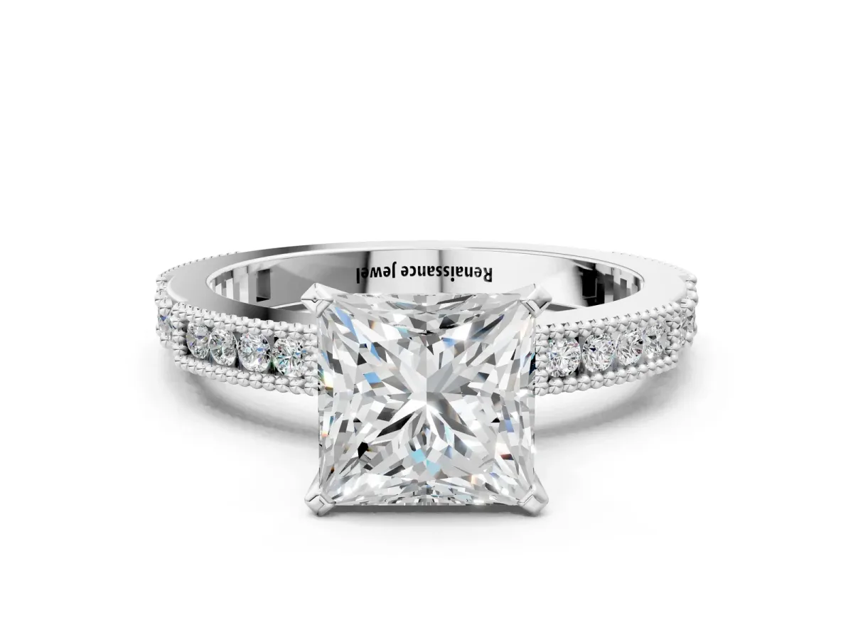 Princess Cut Solitaire with Pavé Band and Four-Prong Setting Silver