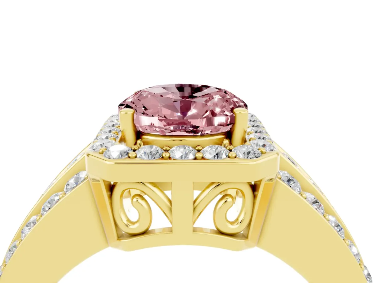 Oval Cut Halo Morganite Ring with Round Split Shank and Prong Setting Yellow gold