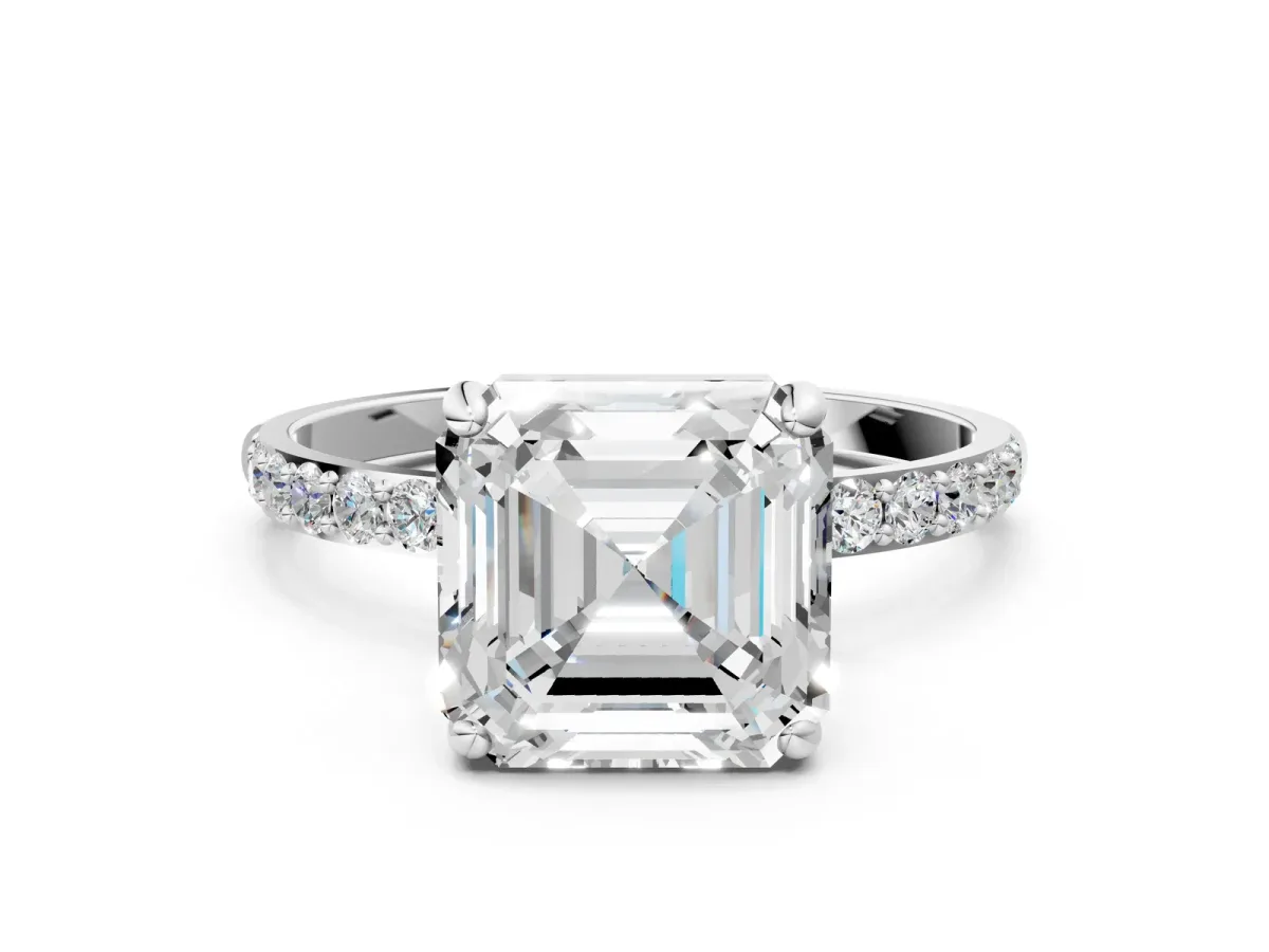 Asscher Cut Diamond Solitaire Ring with Round Pavé Band and Prong Setting Platinum