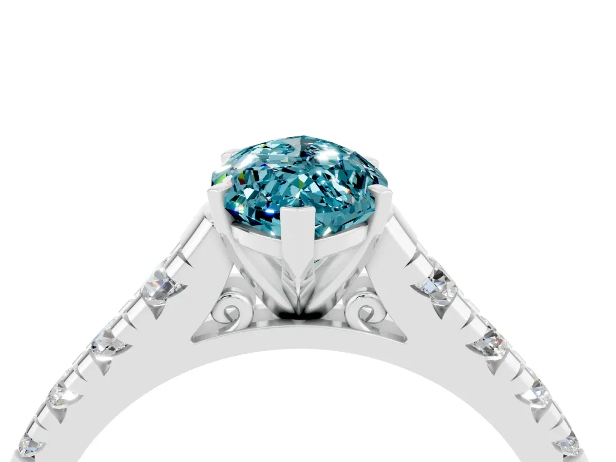 Marquise Cut Blue Topaz Cathedral Solitaire Ring with Round Pavé Band Silver