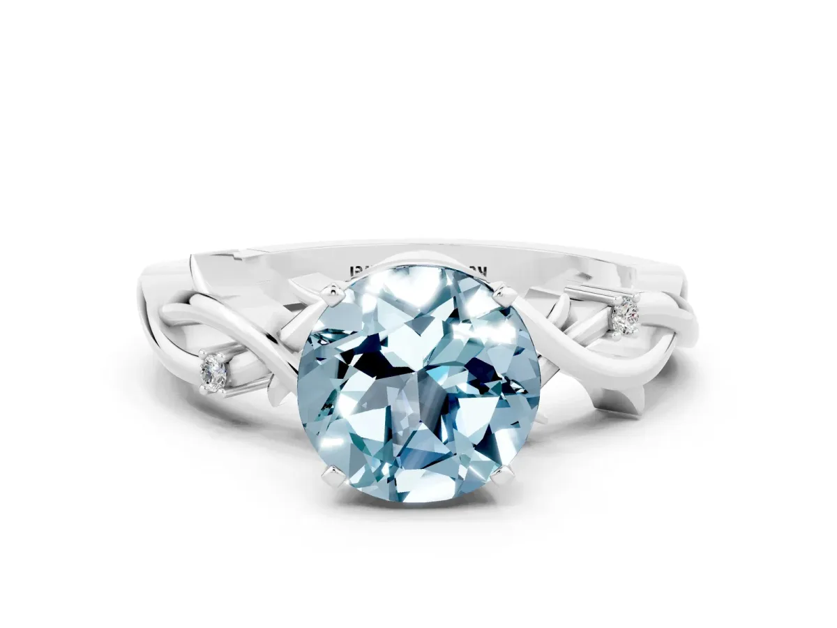 Round Cut Aquamarine Solitaire Ring with Twisted Band and Prong Setting Silver