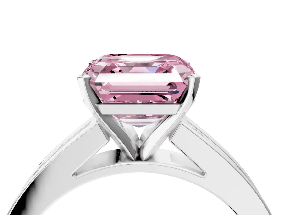 Fancy Pink Asscher Cut Solitaire Diamond Ring with Channel-Set Band and Four-Prong Setting Platinum