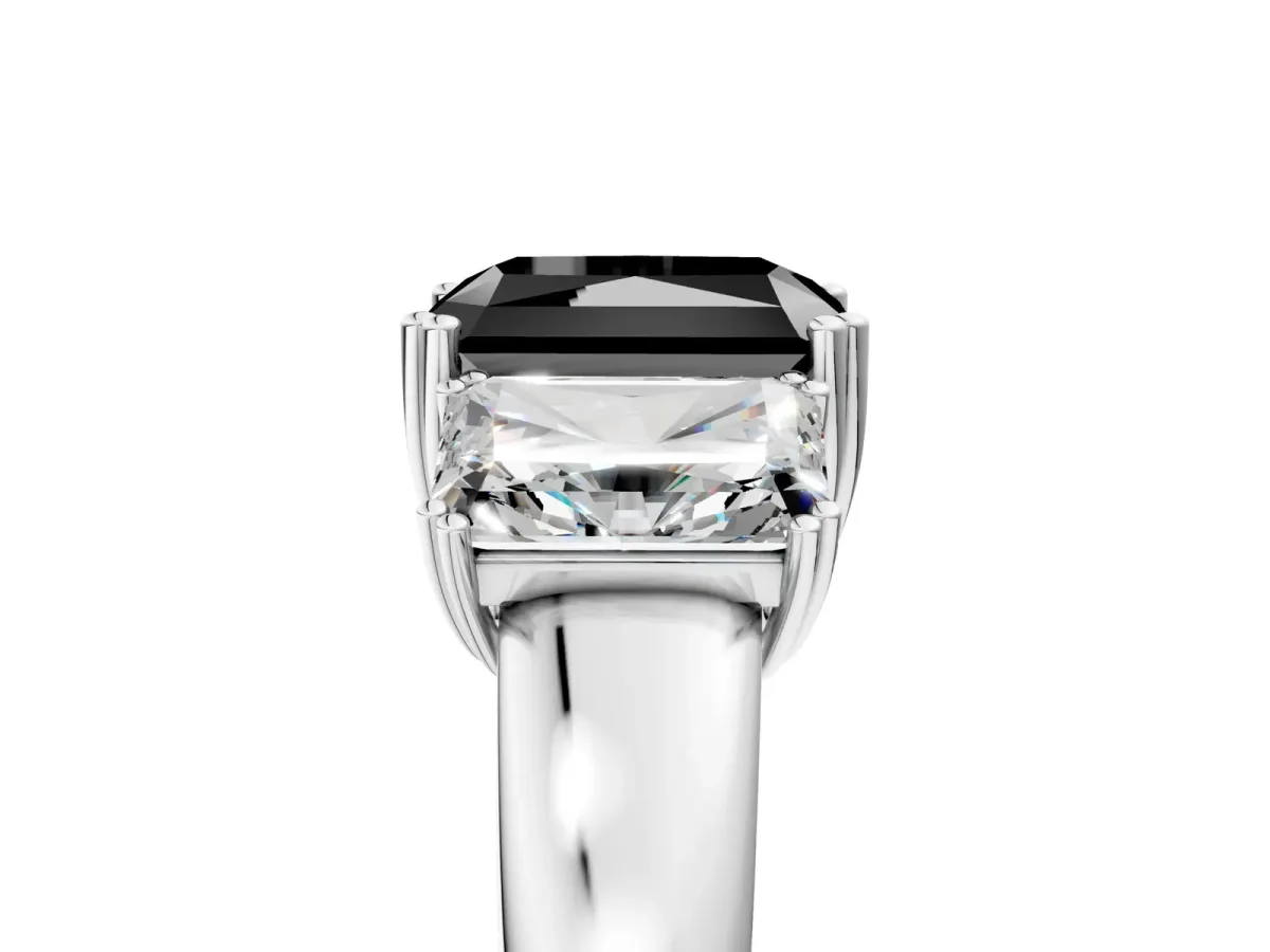Fancy Black Three-Stone Radiant Cut Cut Diamond Ring with Channel Set Band and Four-Prong Setting Silver