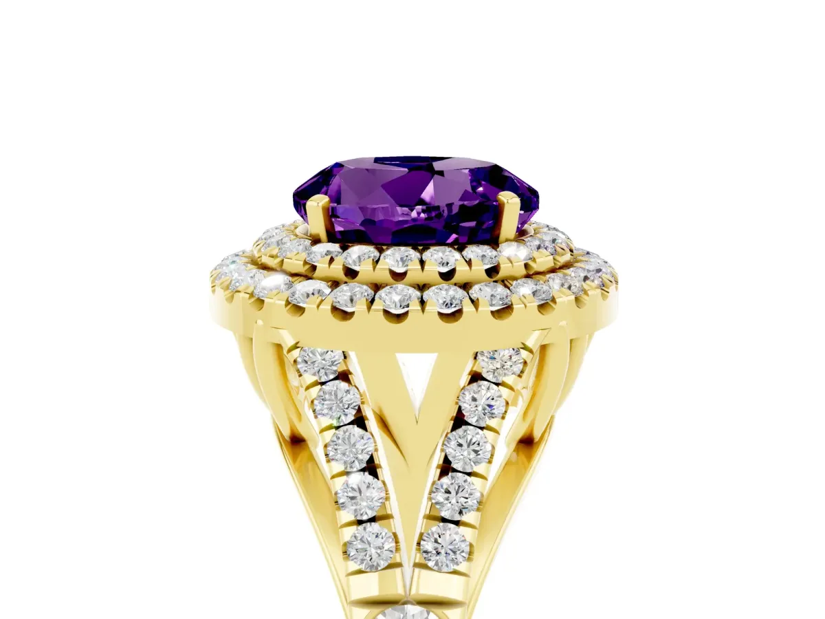 Round Cut Amethyst Double Halo Ring with Split Shank and Prong Setting Yellow gold