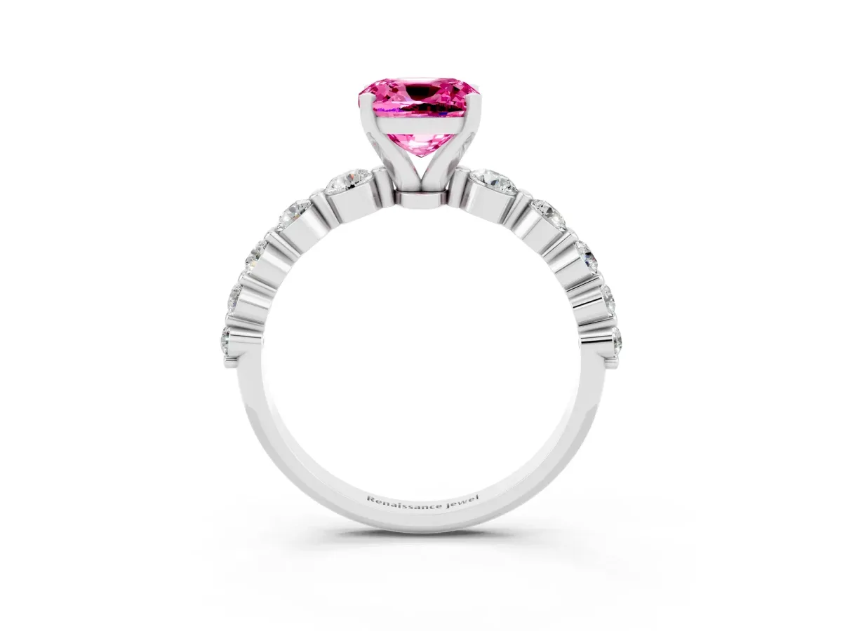 Cushion Cut Solitaire Pink Sapphire Ring with Pave Band and Four-Prong Setting Silver