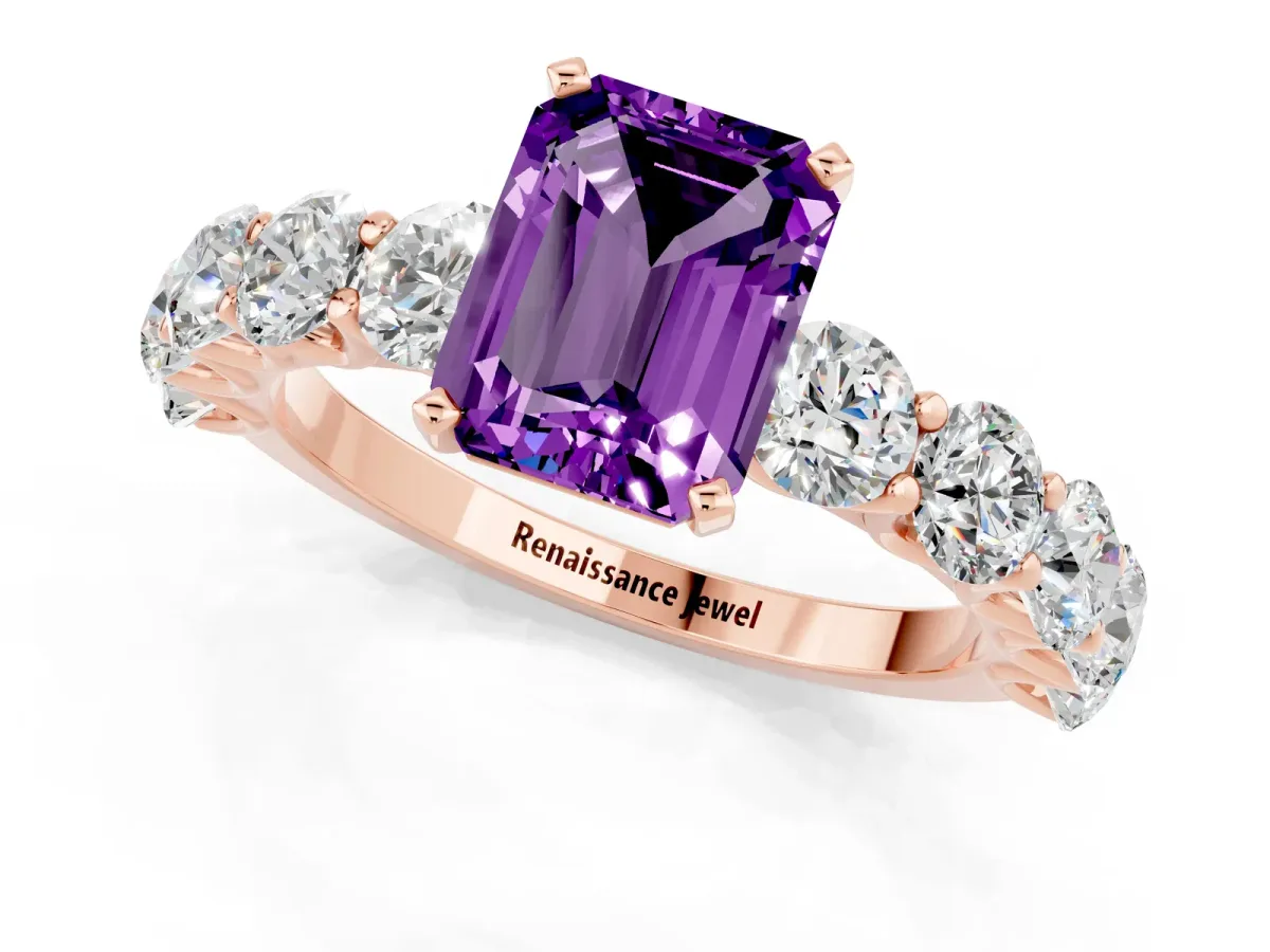 Emerald Cut Amethyst Prong Setting with Side Stones on a Pave Band Rose gold