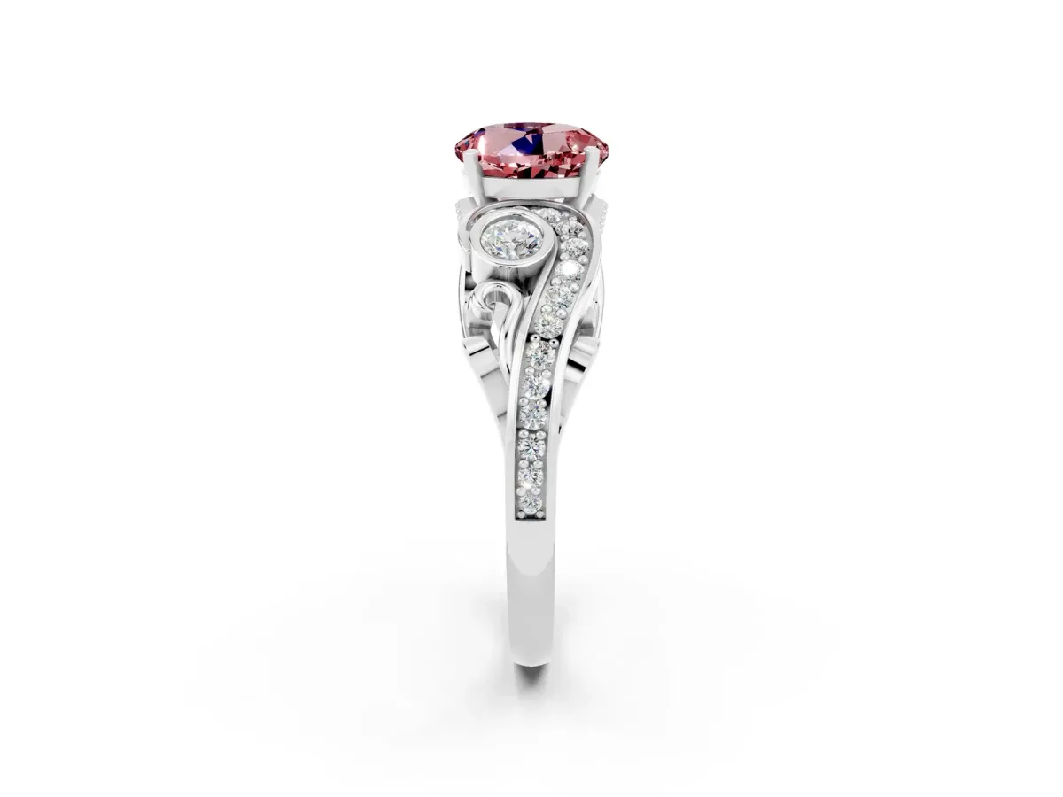 Round Cut Morganite Solitaire Ring with Milgrain Pavé Band and Four-Prong Setting Silver
